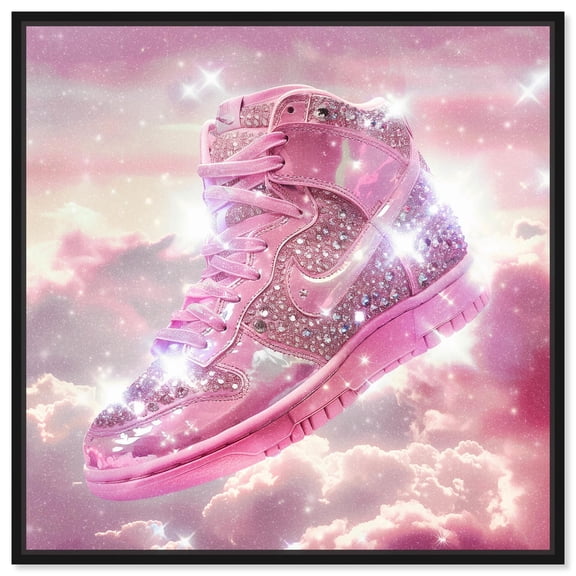 Pink Sparkling Sneaker in the Sky II Canvas Girl Sneaker Prints by Art Remedy, Black Frame, 12" x 12"