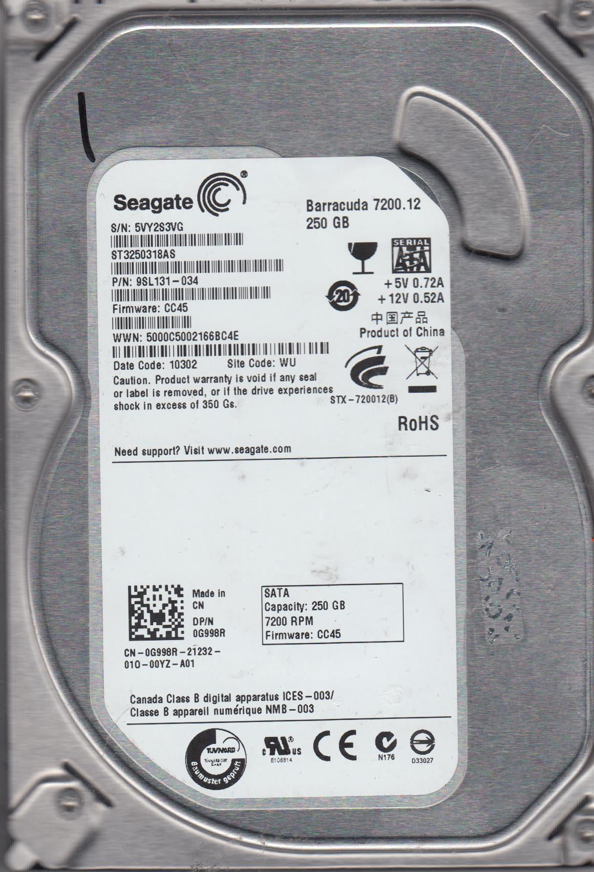 Seagate 250GB SATA 3.5 Hard Drive FW CC45 TK ST3250318AS 9VM PN 9SL131-034