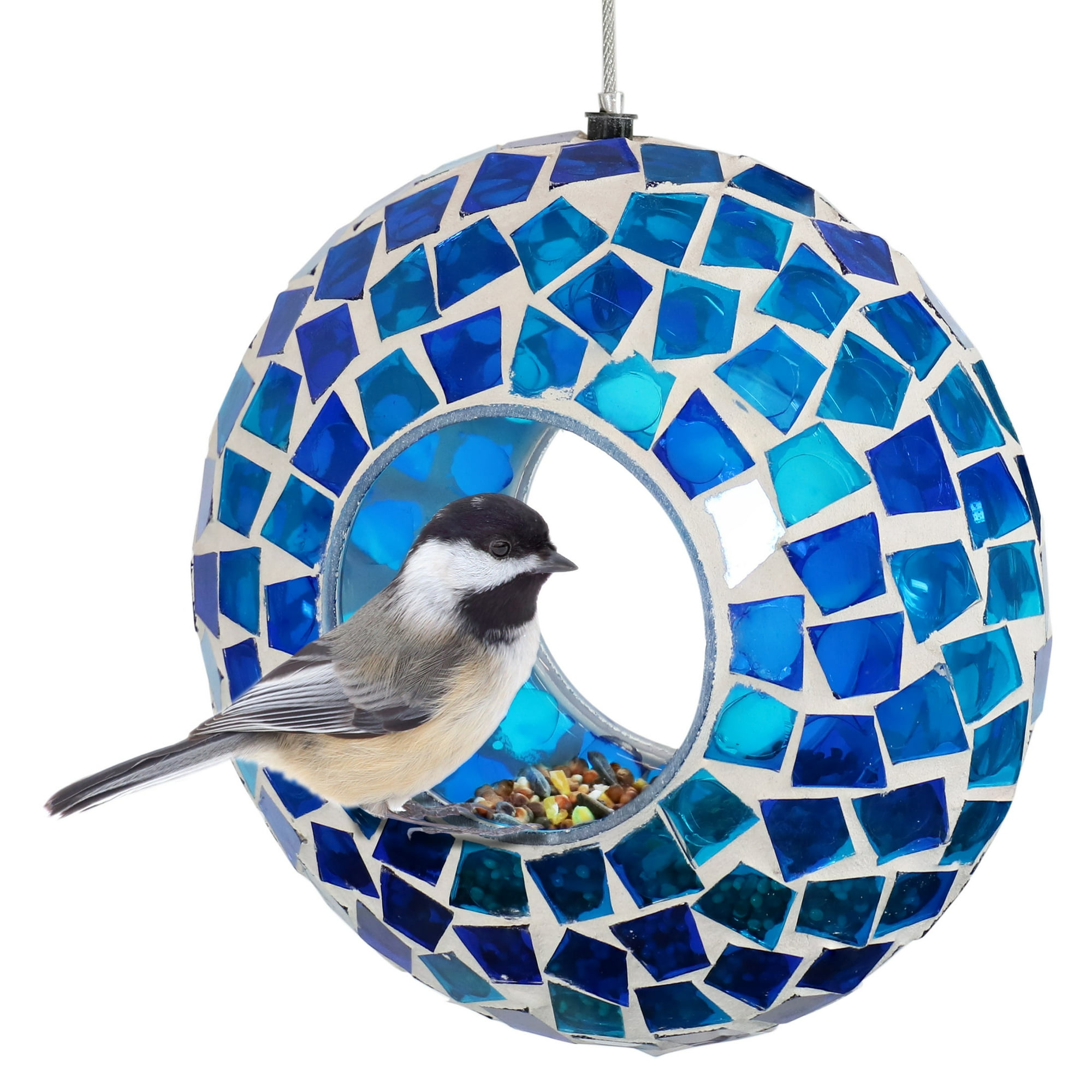 Sunnydaze Mosaic Glass Fly-Through Hanging Bird Feeder, 1-Cup Capacity, Blue