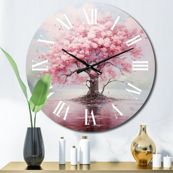 Designart "Pink Cherry Blossom love expression III" Floral Oversized Wall Clock