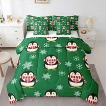 Castle Fairy Kids Cartoon Penguin 7-Piece Bedding Comforter Set,Winter Snowflakes King Bedding Sets,Festival Xmas Ultra Soft Bed Sheets,Breathable Home Decor