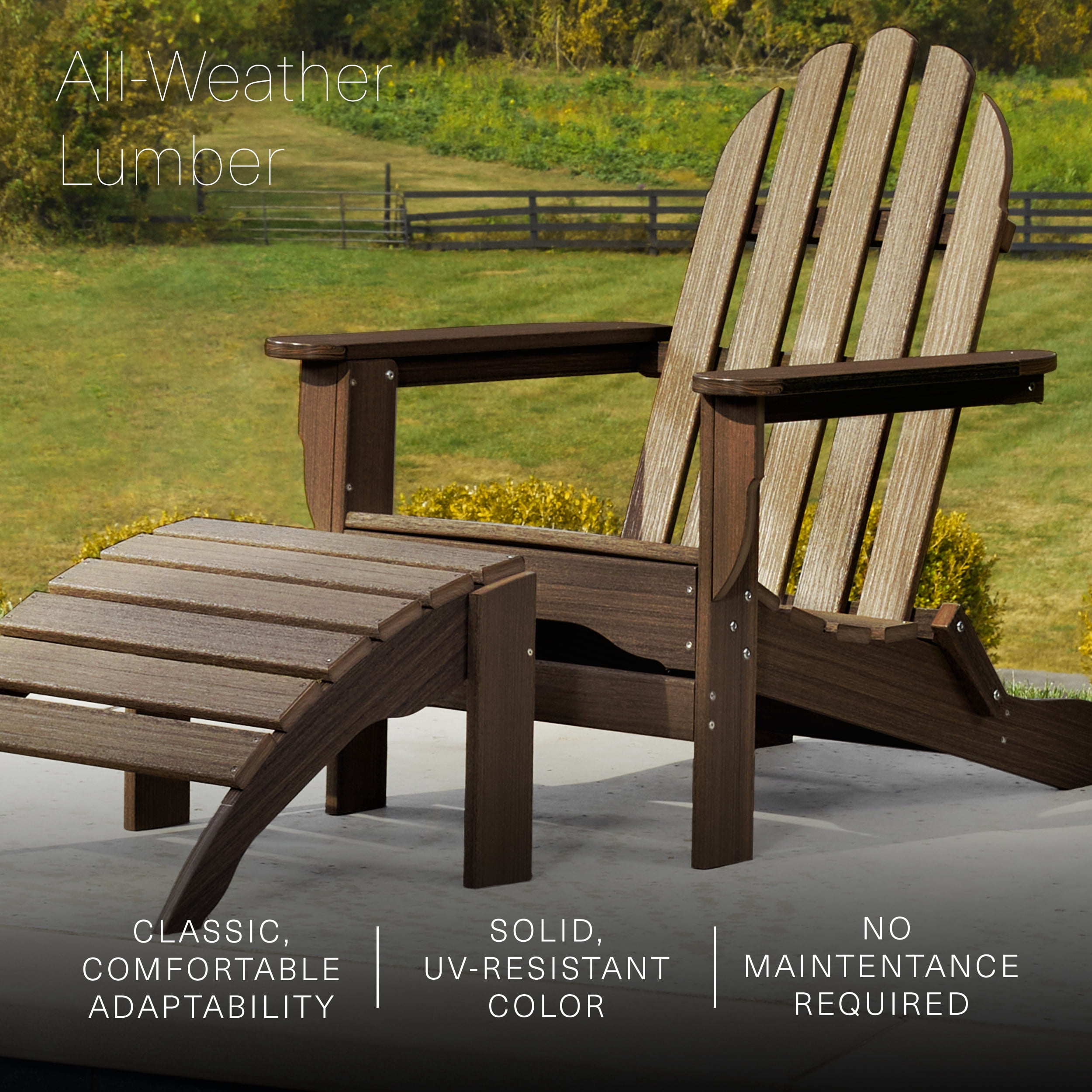 DuroGreen Adirondack Chairs Made With All-Weather Tangent Sustainable Lumber, Set of 4, Oversized, High End Classic Patio Furniture for Porch, Lawn, Deck, or Fire Pit, Brazilian Walnut