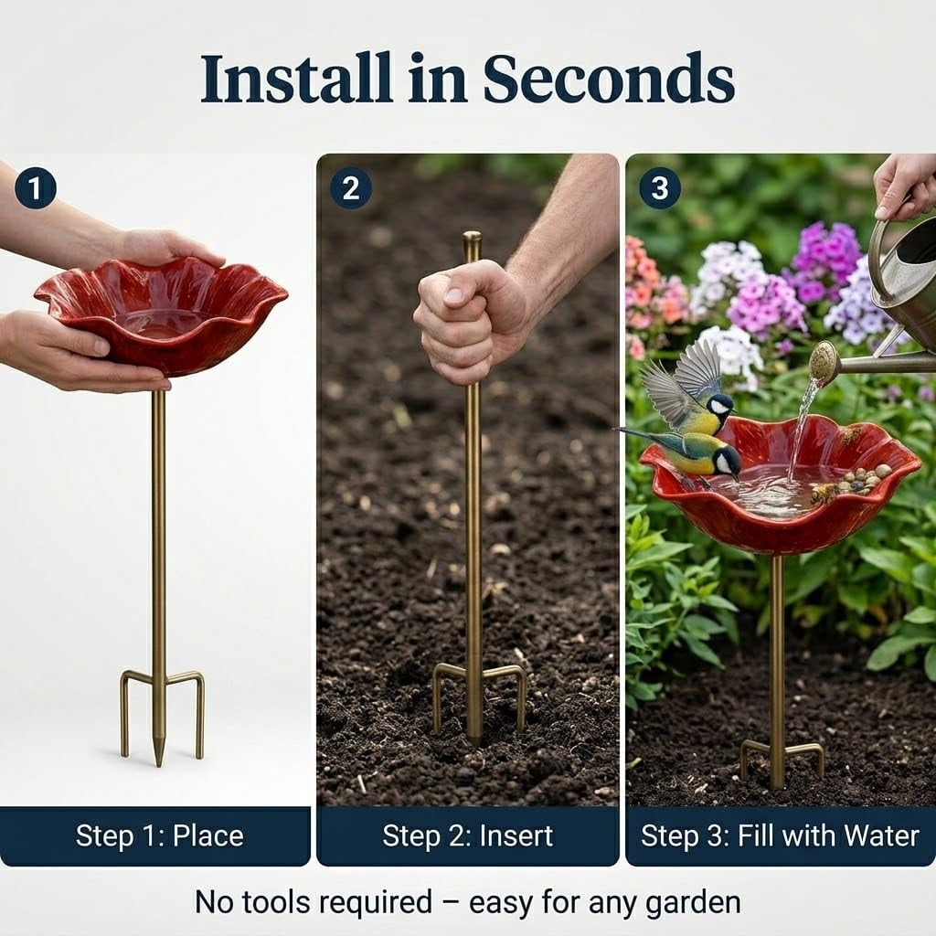 Handmade Metal Flower Garden Stake, Bird Bath Bowl and Bee Butterfly Watering Station for Outdoors, Hummingbird Bath Water Fountain Feeder Garden Yard Lawn Outside Decor