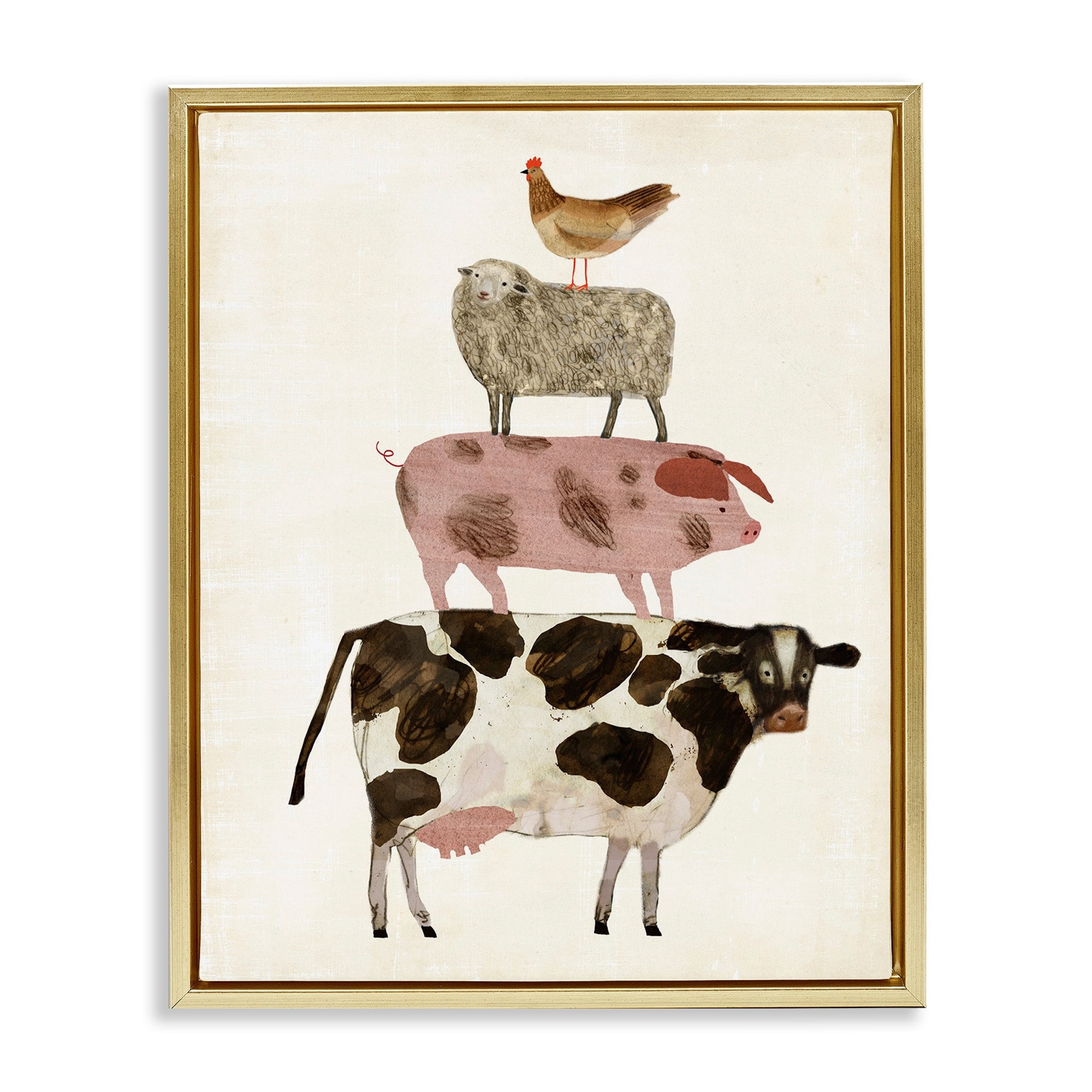 Stupell Industries Cow Sheep Pig and Chicken Barnyard Buds Stacked Farm Animals Metallic Gold Framed Floating Canvas Wall Art, 16x20, by Victoria Borges