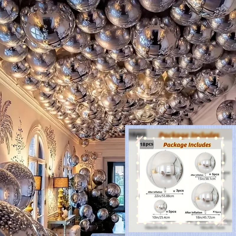 18pcs Silver Mirror Ball Balloon Set - Metallic Reflective Party Decorations with 18 Sizes, Mixed Colors, Perfect for Weddings, Birthdays, Christmas