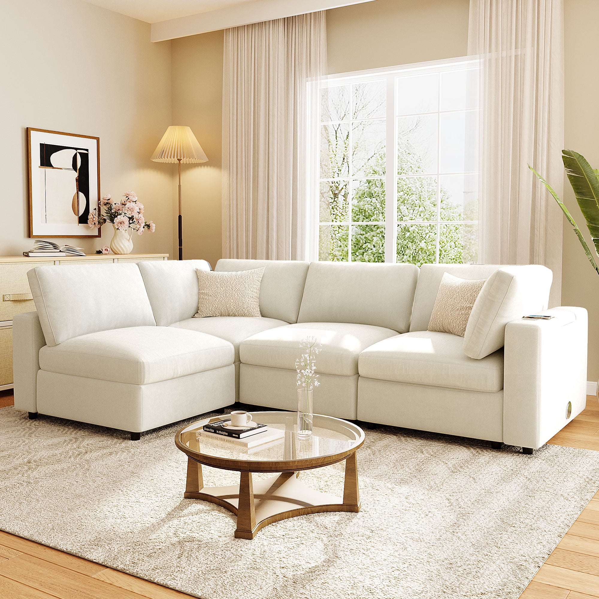 Harper & Bright Designs Modular Sectional Sofa with Storage, Free-combined Sectional Convertible Couch with SB Charge Ports, Wireless Charging and Built-in Bluetooth Speaker in Arm, Beige