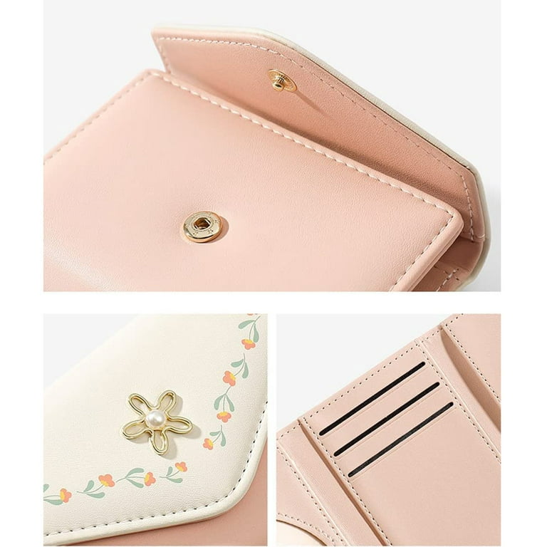 Women Girls Wallet Cute Flower Tri-fold Wallet Pu Leather Purse Slim Short Wallet  Small Trifold Cash Card Holder Bag (black)