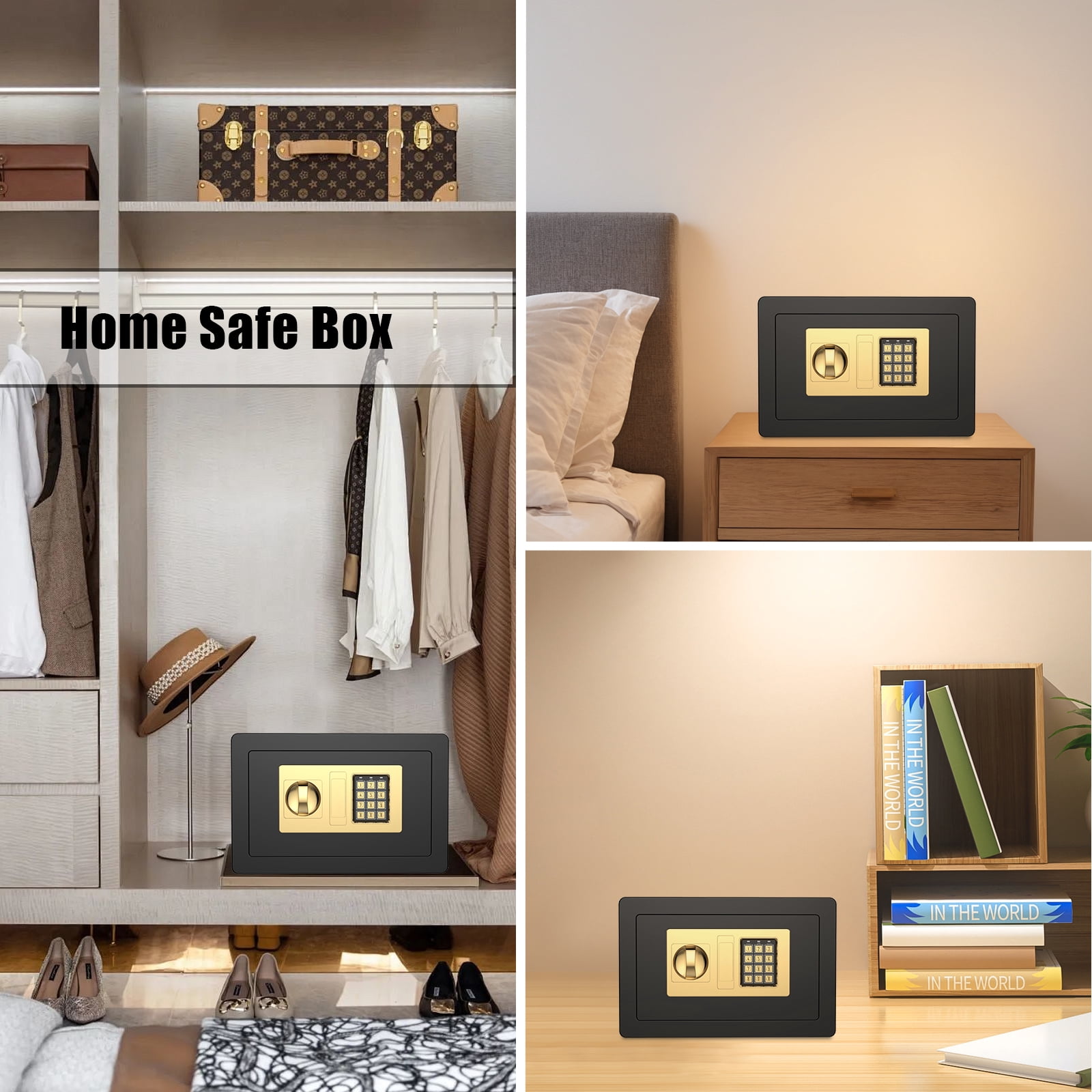 RIFLEWELL 0.8 Cub Safe Box - Small Home Safe for Money Jewelry Documents, Security Safe Box, Solid Steel Lock Box with Digital Electronic Security Keypad for Home Office Hotel (Black Gold)