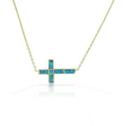 925 Sterling Silver Yellow Gold-Tone Blue Simulated Opal Sideways Cross Pendant Necklace