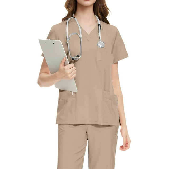 Ladies' Comfortable And Casual Solid Color Short Sleeved Pants Protective Suit Set Khaki S