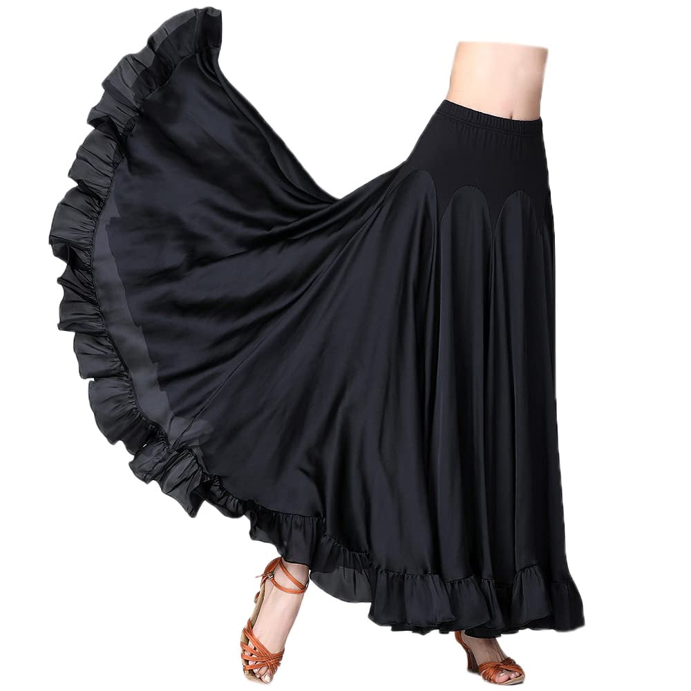 HAORUN Women Elastic Waist Satin Ruffle Long Dance Skirt Spanish ...