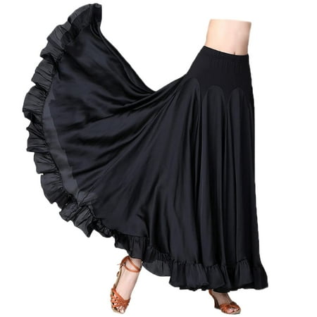 HAORUN Women Elastic Waist Satin Ruffle Long Dance Skirt Spanish Flamenco Belly Folklorico Gypsy Dancewear
