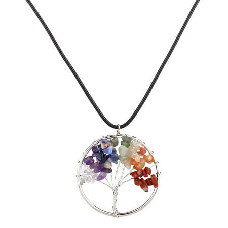 Natural Botswana Agate (Generic Life of Tree Necklaces 7 Chakra Stone Beads Natural Citrine Amethyst Agate Pendant Necklace Leather Chains Christmas Gifts N4287)