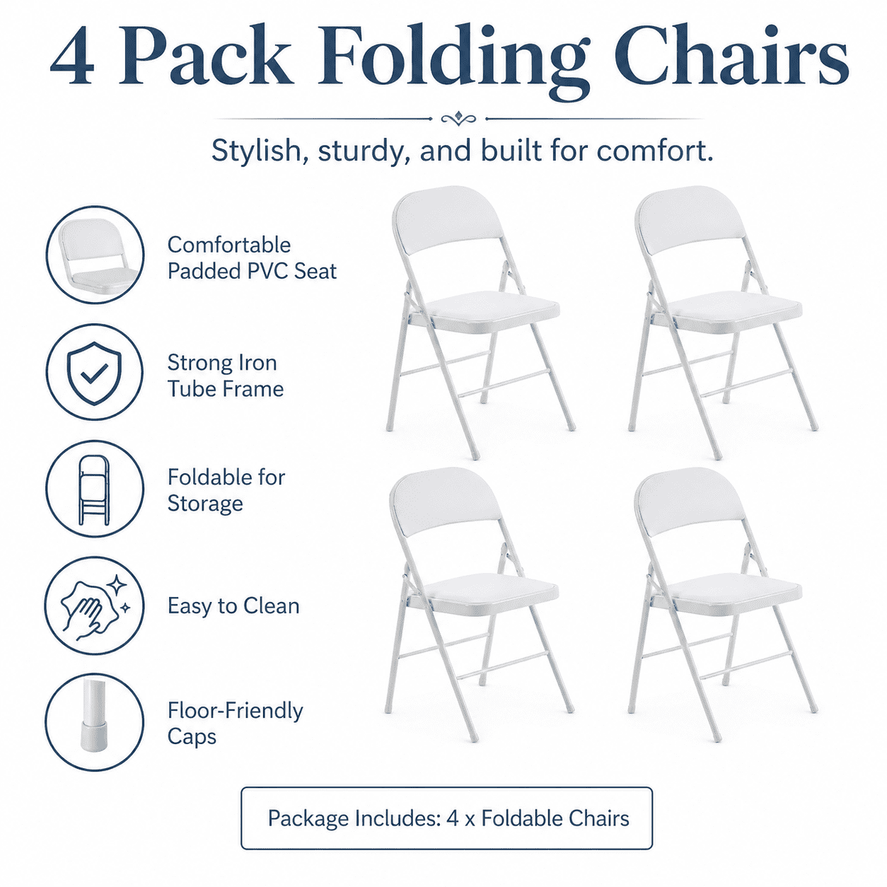 Alvantor 4-Pack White Folding Chairs,Padded PVC Seat and Back,Steel Frame,Portable Seating for Home Office Party Event,330 lbs Capacity