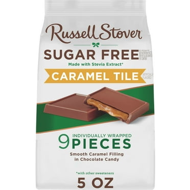Russell Stover Chocolates Sugar Free Milk Chocolate Caramel Tile Mini Gusset Bag 5oz (9 Pieces)