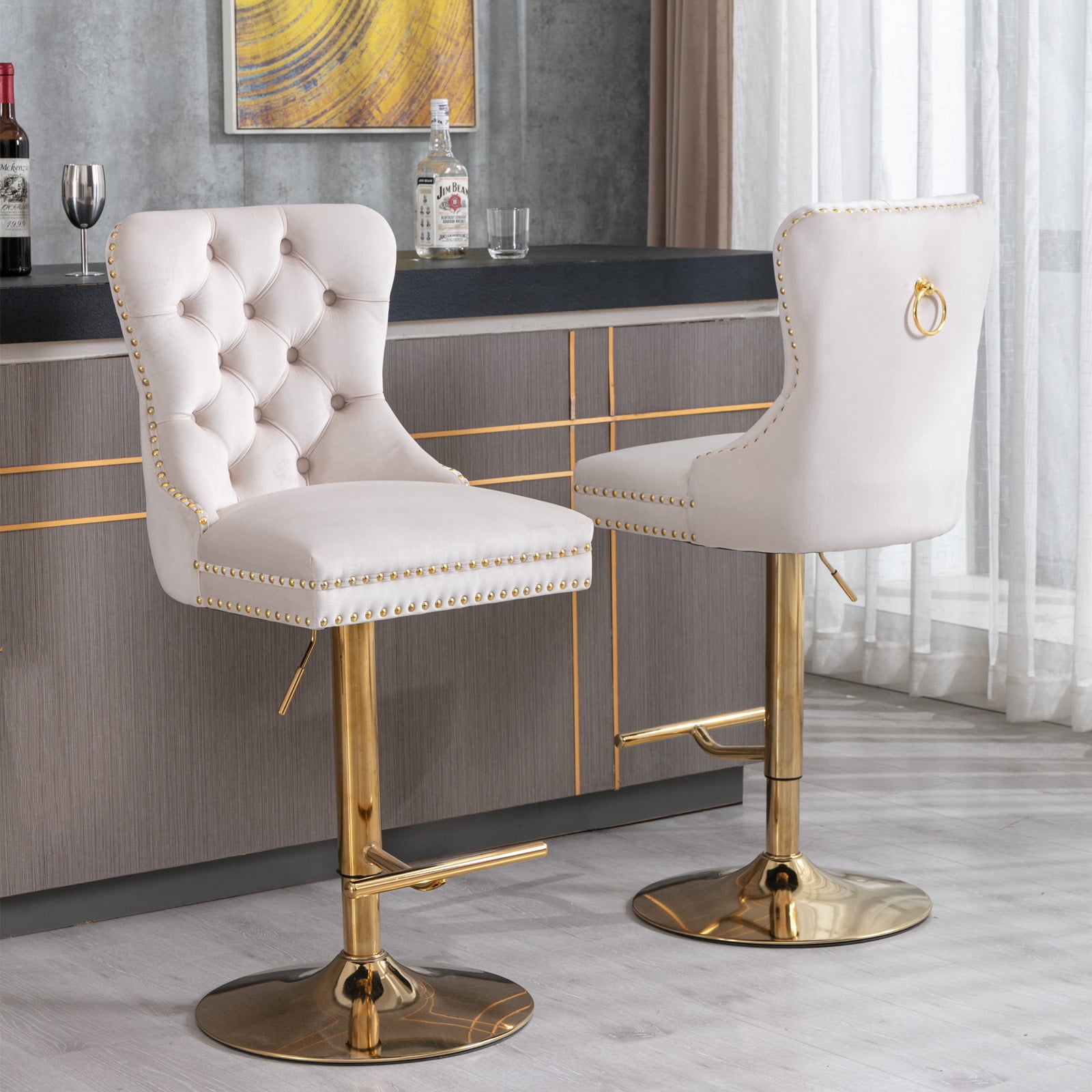 4-Piece Velvet Swivel Bar Stools, Adjustable Counter Height Dining Bar Chairs with Tufted Backrest and Nailhead Trim for Kitchen Island （Beige with Gold Leg）