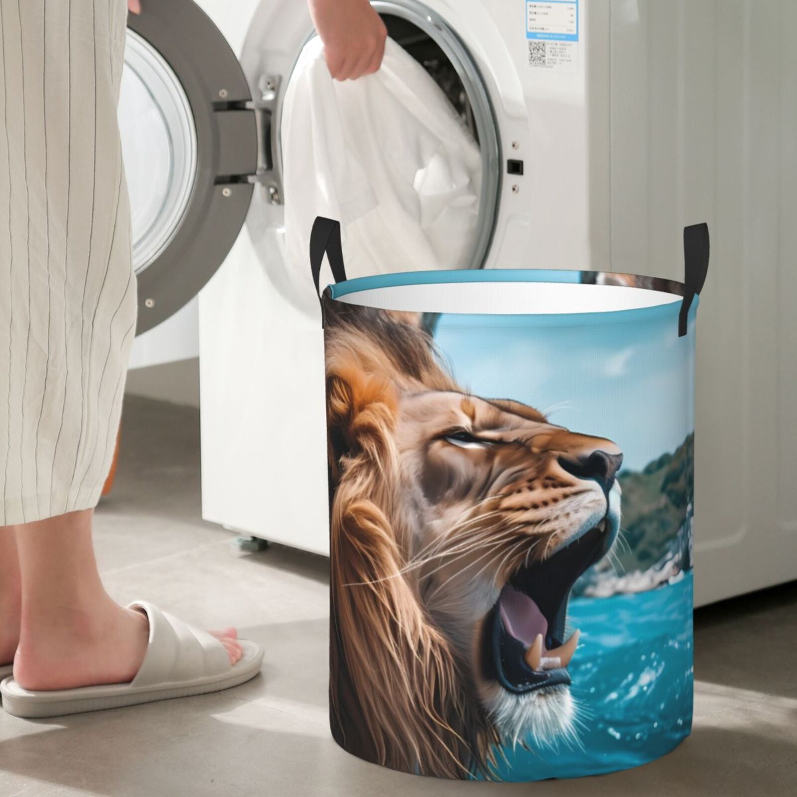 Large Laundry Basket with Handles - Ice Blue Coastal Lion Kids Baby Dirty Clothes Laundry Hamper for Bedroom Aesthetic