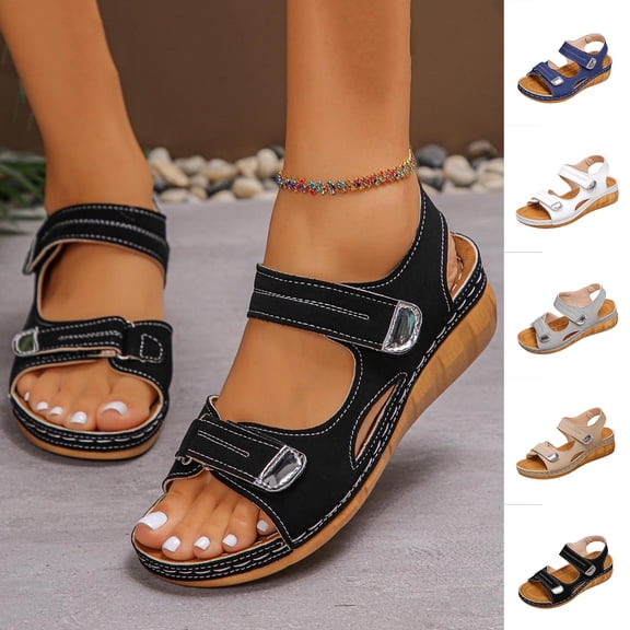 GERsome Women's Low Wedge Sandals Open Toe Ankle Strap Walking Comfort Summer Beach Sandals, Size 5.5