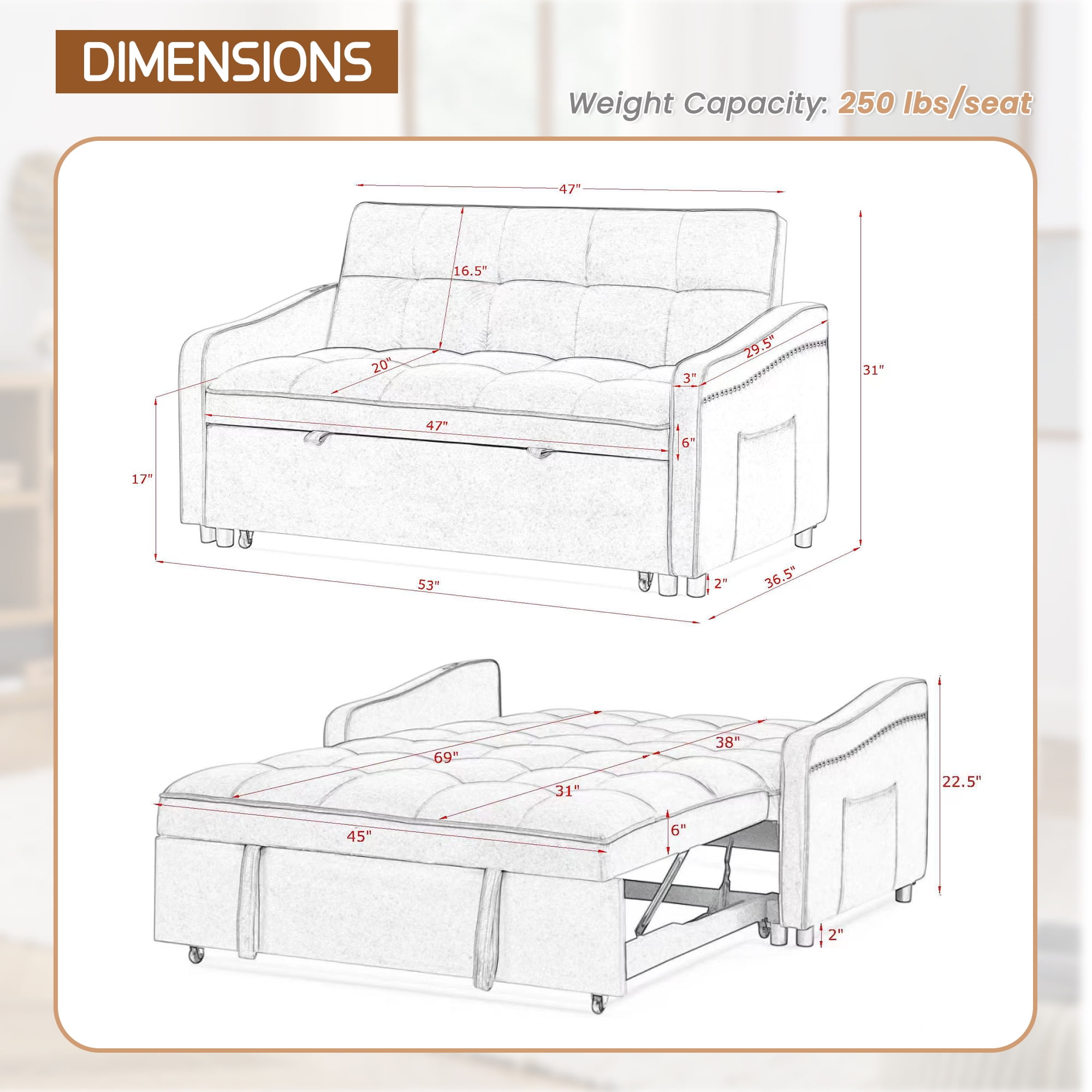 Lunale Pull Out Sofa Bed, Loveseat Sleeper with USB/Type-C, Adjust Back, Convertible Sleeper Sofa for Living Room/Apartment, Blue Velvet