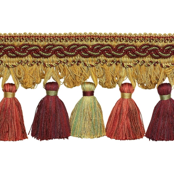 4" (10cm) Imperial Collection Beautiful Scroll Header and Scalloped Tassel Fringe Trim # TFB1,, Autumn Leaves Red #5716 (Burgundy Red, Apple Green, Light Gold) Sold By The Yard (36"/3 ft/0.9m)