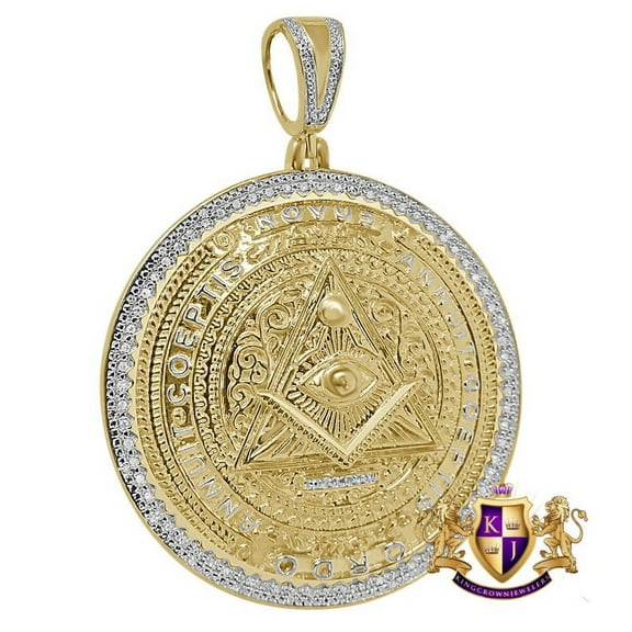 Men's Genuine Real Diamond Annuit Coatis Novus Ordo Masonic Illuminati Evil Eye 10K Yellow Gold Finish Pendent Charm
