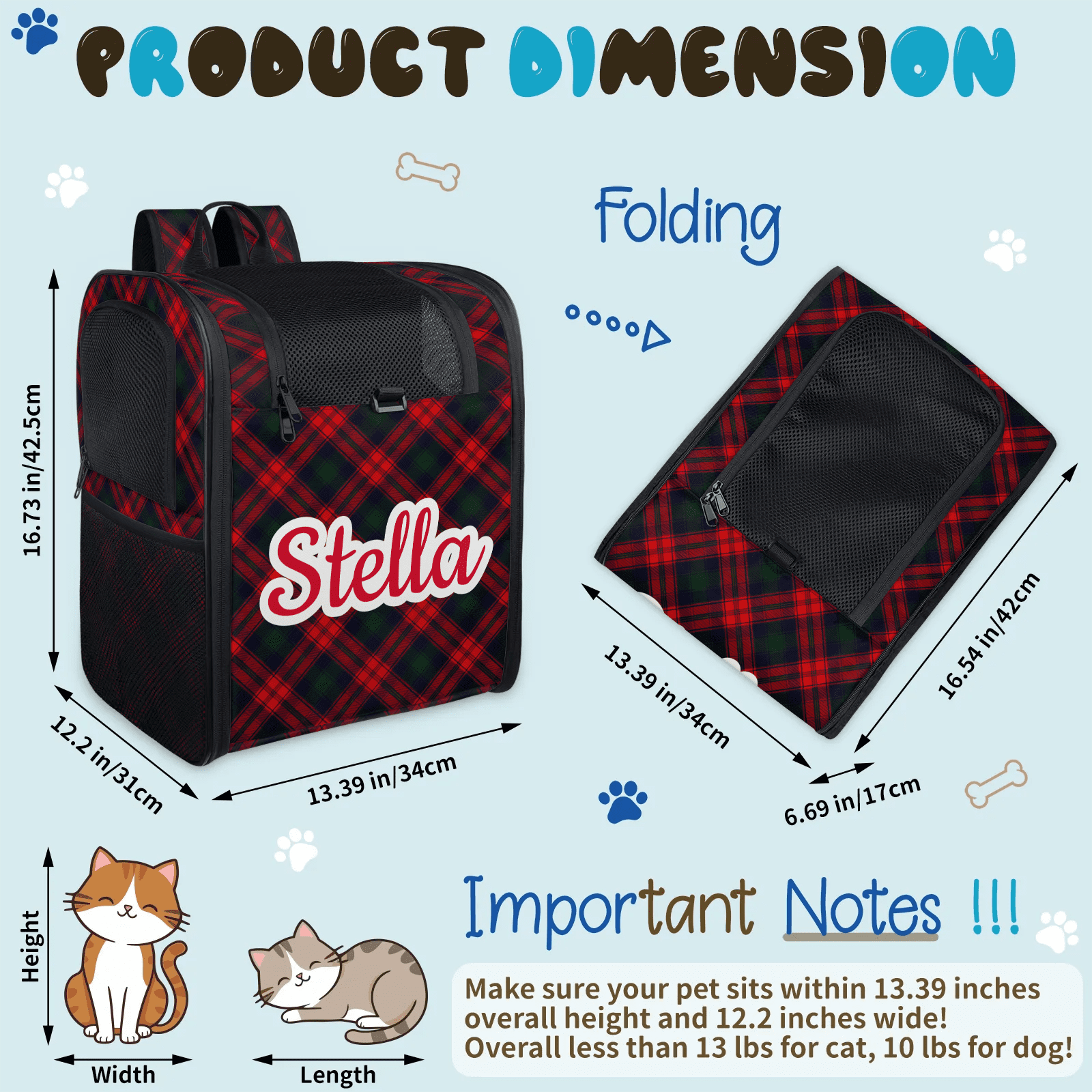Dog Carrier Backpack for Small Dogs Cats Puppies,Customized Pet Carrier Backpack with Name,Pet Backpack Bag with Ventilation Mesh and Safety Leash Removable Mat for Hiking, Travel, Outdoor
