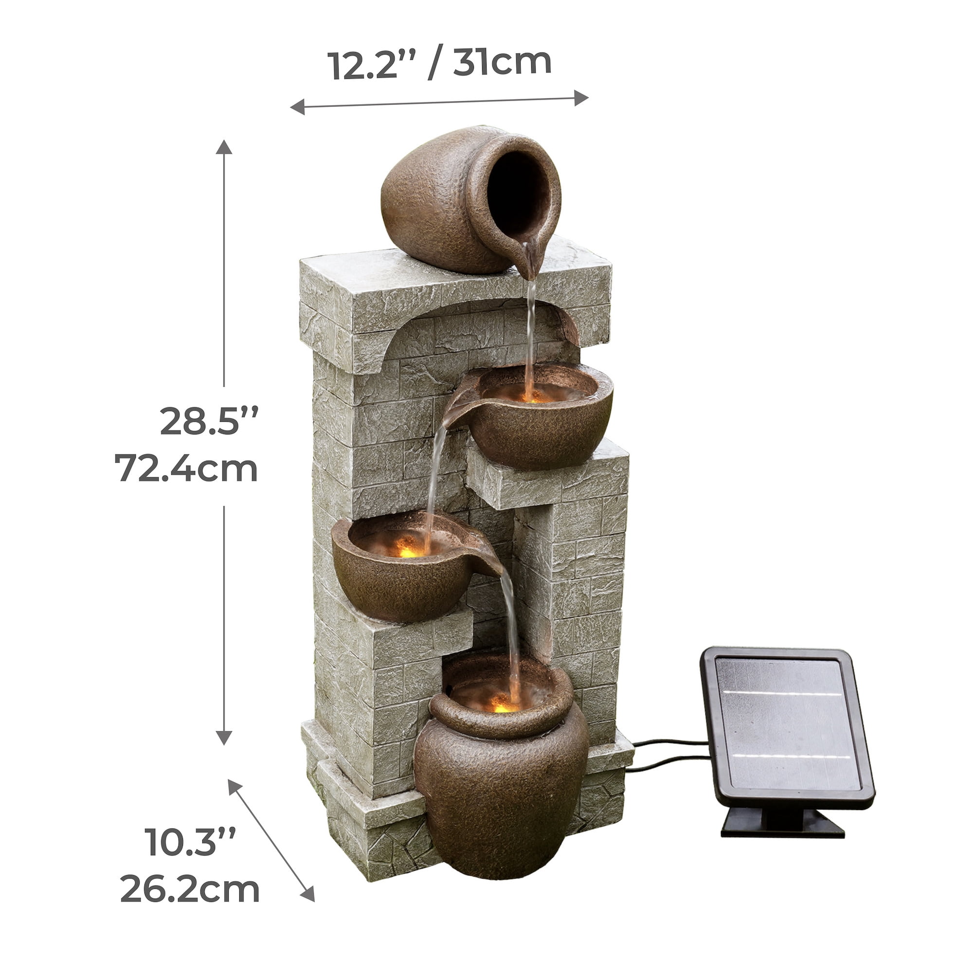 Teamson Home 4-Tier Outdoor Water Fountain with Cascading Bowls, Stacked Stone & Solar LED Lights