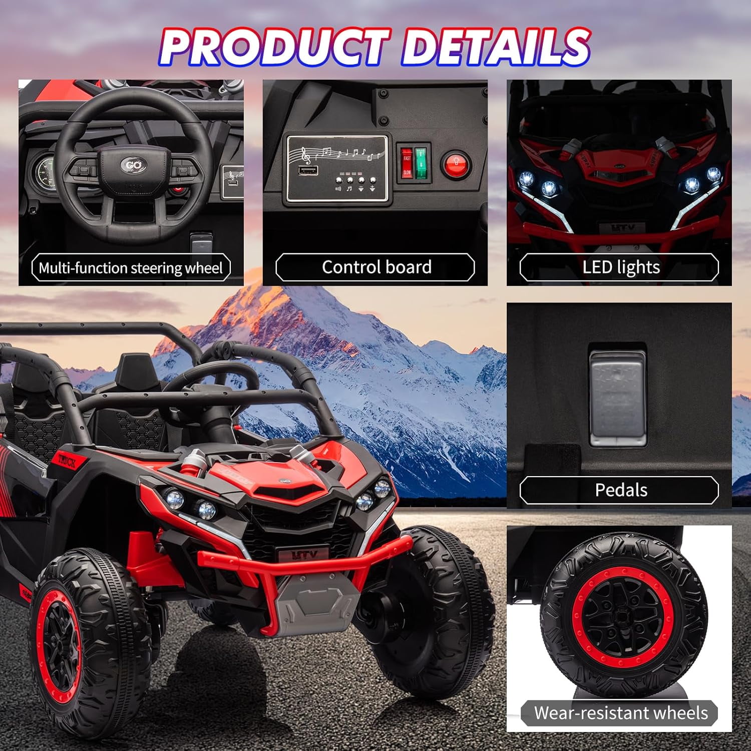 2 Seater Ride On Car for Kids, 24V 4WD Electric Utv with Remote Control, Battery Powered Electric Off-Road Utv Toy with Led Lights and Music for Boys Girls 3+