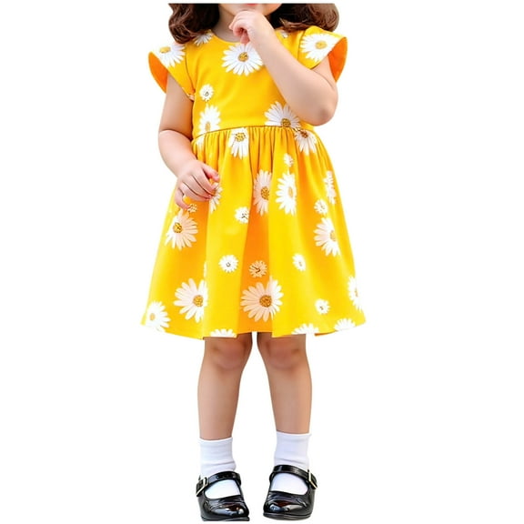 AUNVITO Girls Daisy Print Flutter Sleeve Dress Round Neck Elastic Waist Summer Casual Dance Dress Toddler Dresses for 3-8 Years