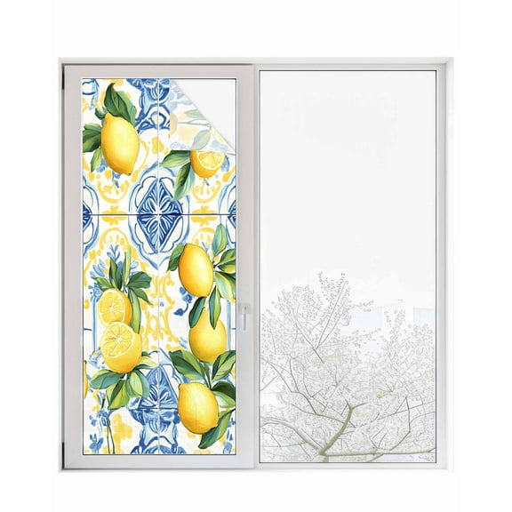 Window Privacy Film Botanical Lemon Stained Glass Window Film Decorative Sun Block Window Cover Spring Countryside Floral Blue Tile Window Clings Static Adhesive Sticker for Bathroom 29.5"x78.7"