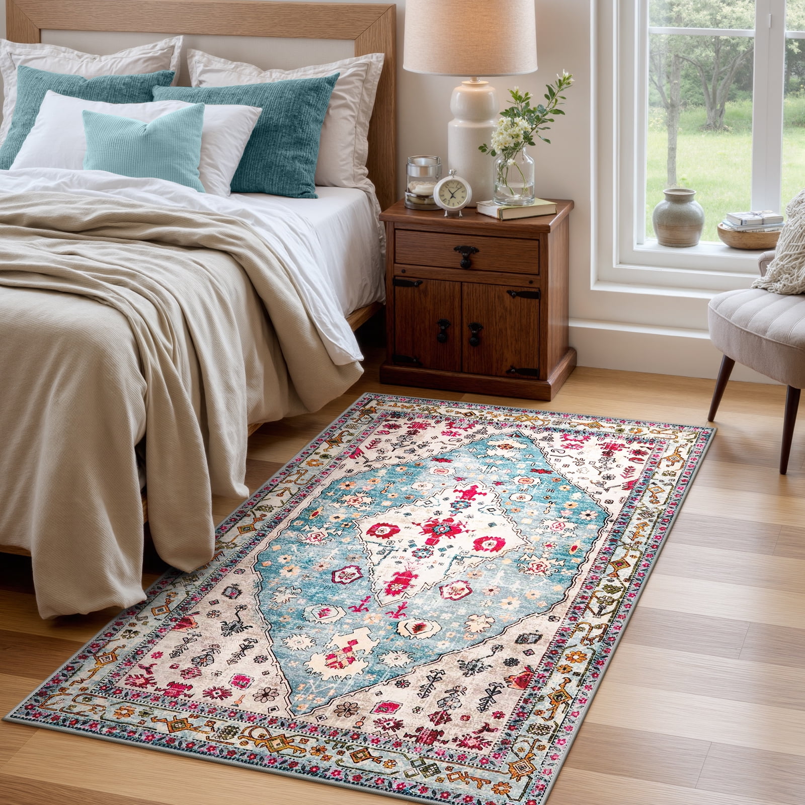 Lahome Decor 4'x6' Boho Tribal Area Rug ,4x6 ft Non Slip Machine Washable Rugs Foldable Vintage Rug Low Pile Durable Carpet for Living Room Bedroom Dining Room Office Farmhouse,Sky Blue