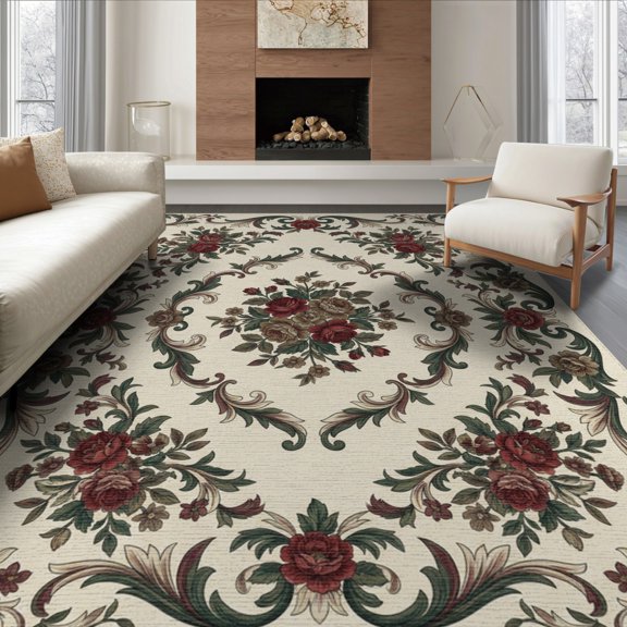 ODIKA 8'x10' Washable Area Rug Vintage Garden Blooms Central Focus Ornate Foliage Accent Frame for King Size Bedroom Under Bed, Master Suite, Non-Shedding, Easy Care