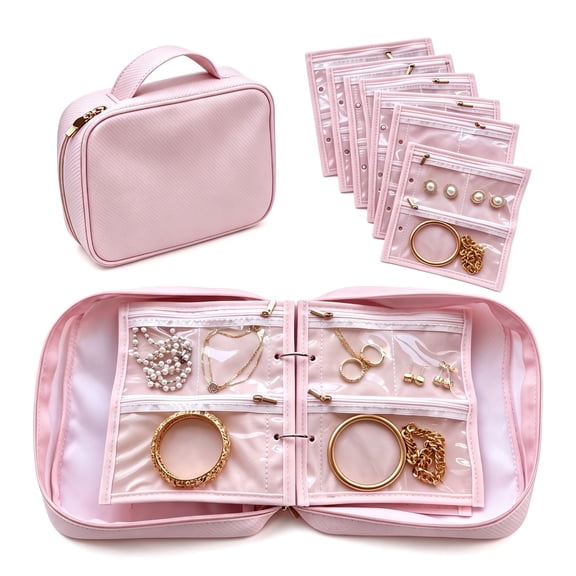 Pink Travel Jewelry Organizer Case With 6 Clear Zipper Velvet Inner Pages, Portable Storage Binder For Earrings Rings Necklaces