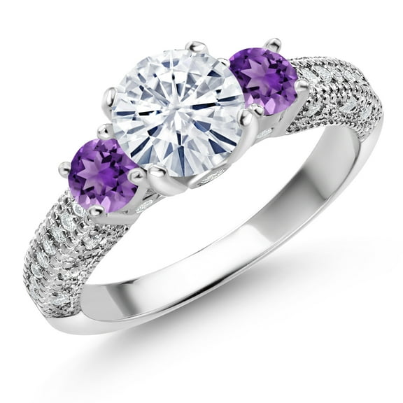 Gem Stone King 925 Sterling Silver White Moissanite and Purple Amethyst Engagement Ring for Women (1.78 Cttw, Gemstone, Round 7MM and 4MM, Size 5)