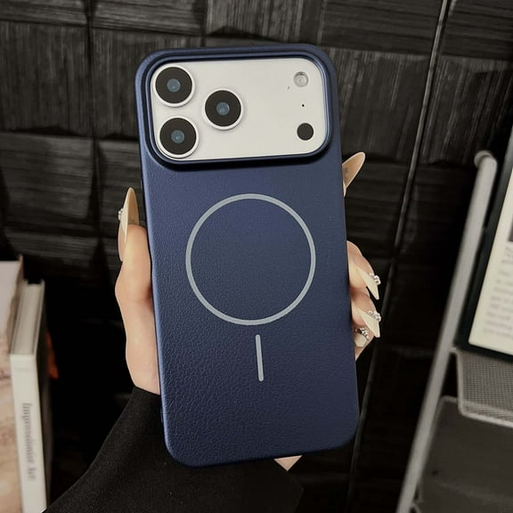 For iPhone 17 Pro Magnetic Phone Case,Lychee Pattern PU Leather Back,Compatible with Mag-Safe,Ultra Slim Hard PC Shockproof Anti-Scratch Thin Fit Premium Durable Phone Case,Darkblue