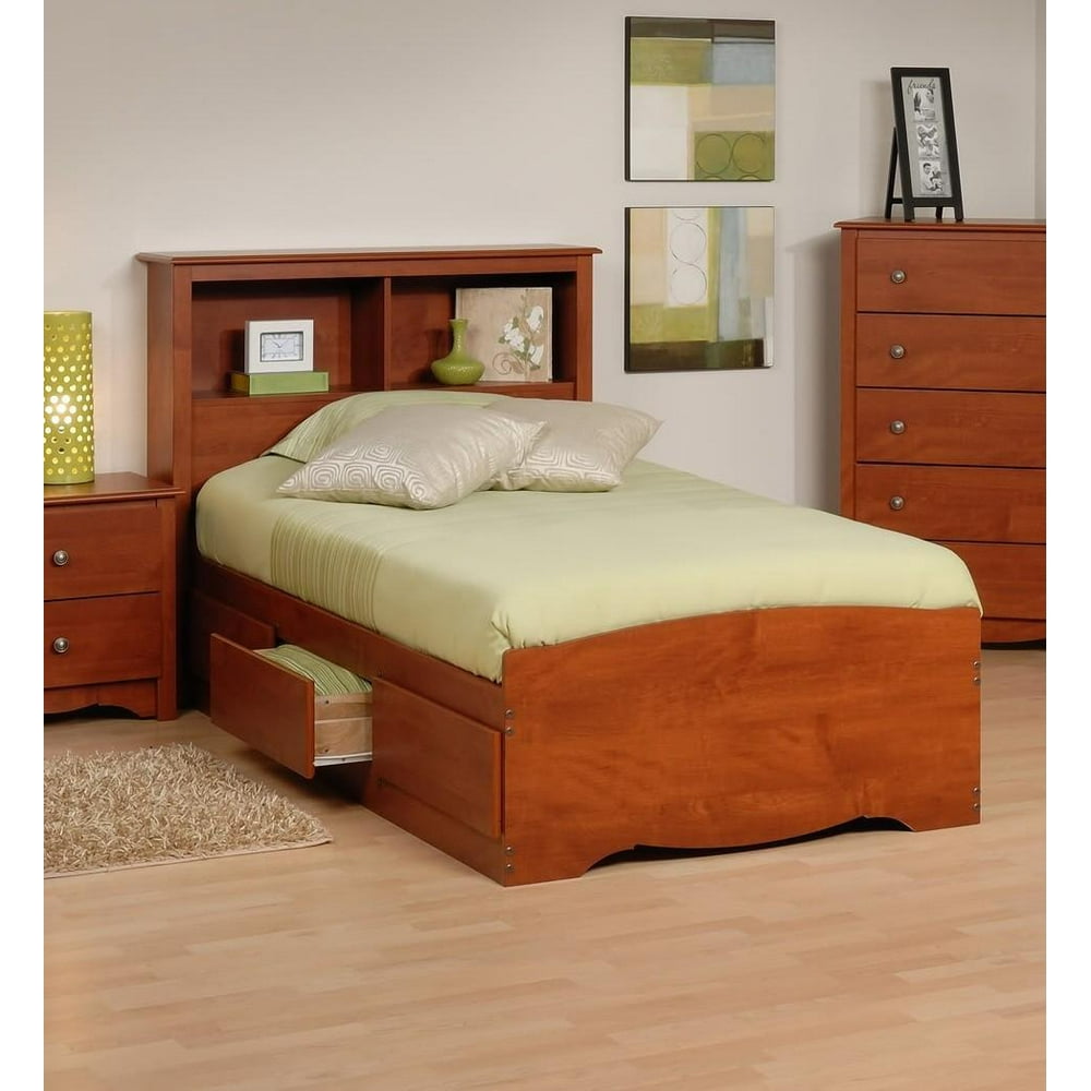 Platform Storage Bed w/ Bookcase Headboard-Bed Size:Twin,Color:Cherry