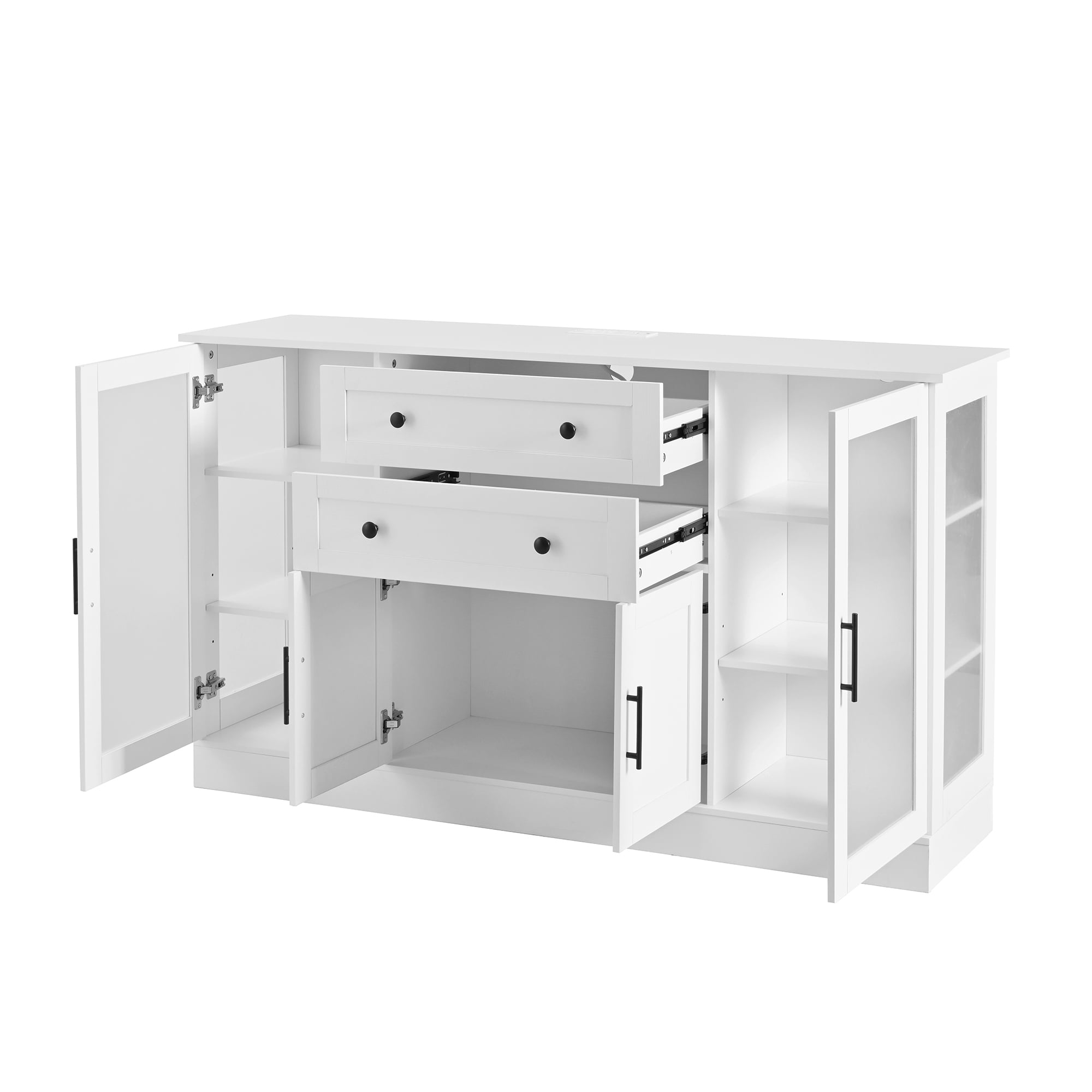 Euroco 58.3" Sideboard Buffet Cabinet with 2 Drawers, Modern Coffee Bar with Adjustable Shelves, Power Outlet & 4 Doors,Credenza Storage Cabinet for Dining Room, Living Room,White