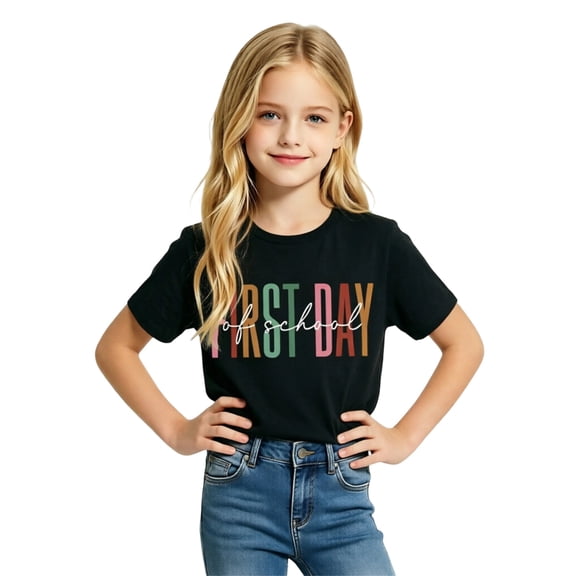 Girls Crew Neck Printed Short Sleeve T-shirt for Back to School,Comfortable Casual Kids Tops,Matches Pants and Skirts