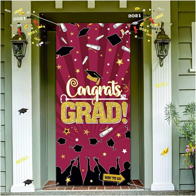 2021 Décorations de Fête de Graduation, Grand Tissu Félicitations Graduation Couverture de Porte Graduation Bannière Photo Booth Fond pour 2021 Grad Fournitures de Fête Intérieure / Extérieure (Rouge Vin)