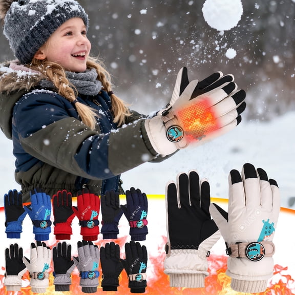 Childrens Ski Gloves, Outdoor Windproof Thick Lanyard Pupils Gloves for 6-10 Years, Fleece Lined Warm Design for Snow Activities