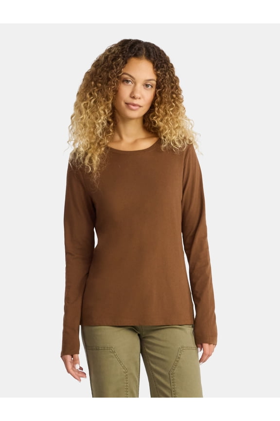 Women's Cotton Crewneck Tee with Long Sleeves, Sizes XS-XXXL