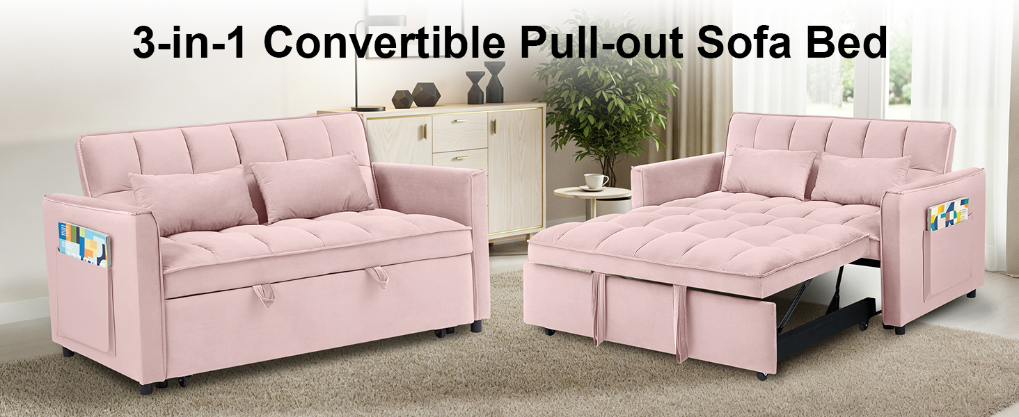 Howcool 55" Pull Out Sleeper Sofa Bed 3-in-1 Convertible Velvet Loveseat Adjustable Backrest Couch with Storage Pocket Small Space Sofa for Bedroom Living Room，Pink