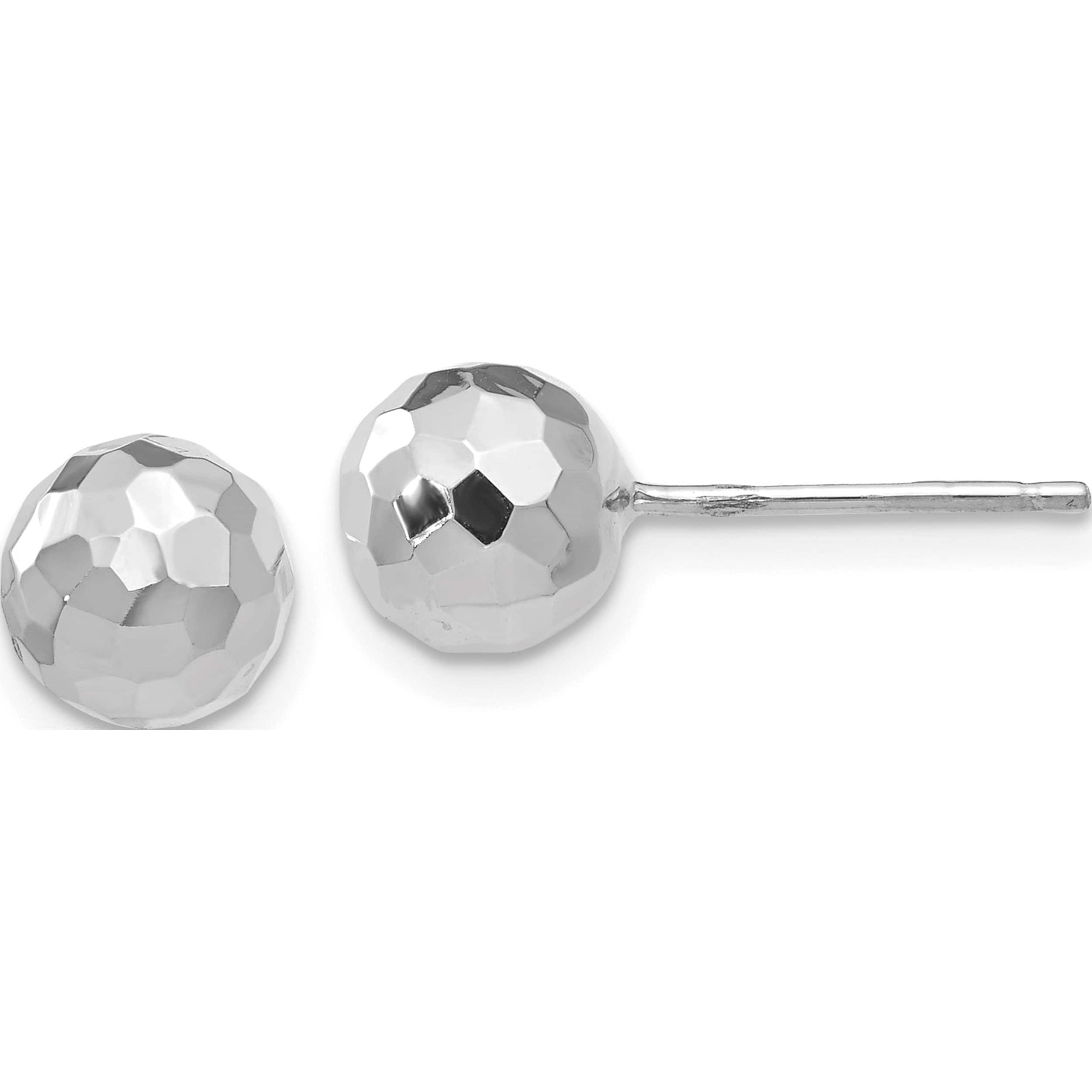 14K White Gold Polished Diamond Cut 7mm Ball Post Earrings (7 X 7) Made In Turkey h1015