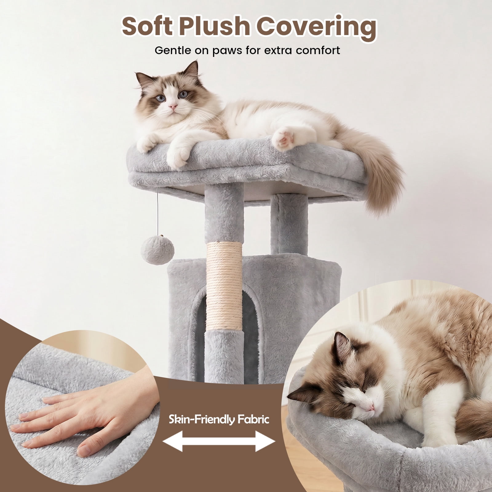 70" Cat Tree Tower, Heavy Duty Cat Tower for for Multiple Adult Cats, Multi-Level Tall Cat Tree with 2 Condos, Hammock and Scratching Post for Indoor Kitties, Light Grey