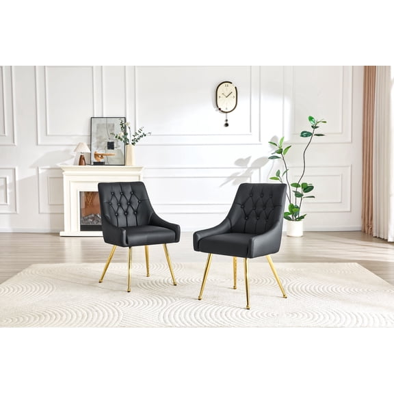 FFZ Set of 2 PU Leather Dining Chairs with Diamond Tufted Back, Metal Handle and Gold Legs, Black