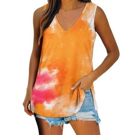 

nsendm Apparel Bra Womens Casual Tie Dye Printing V Neck Tank Sleeveless Vest T Shirt Blouse 3x Sleeveless Shirts Women Vest Yellow X-Large