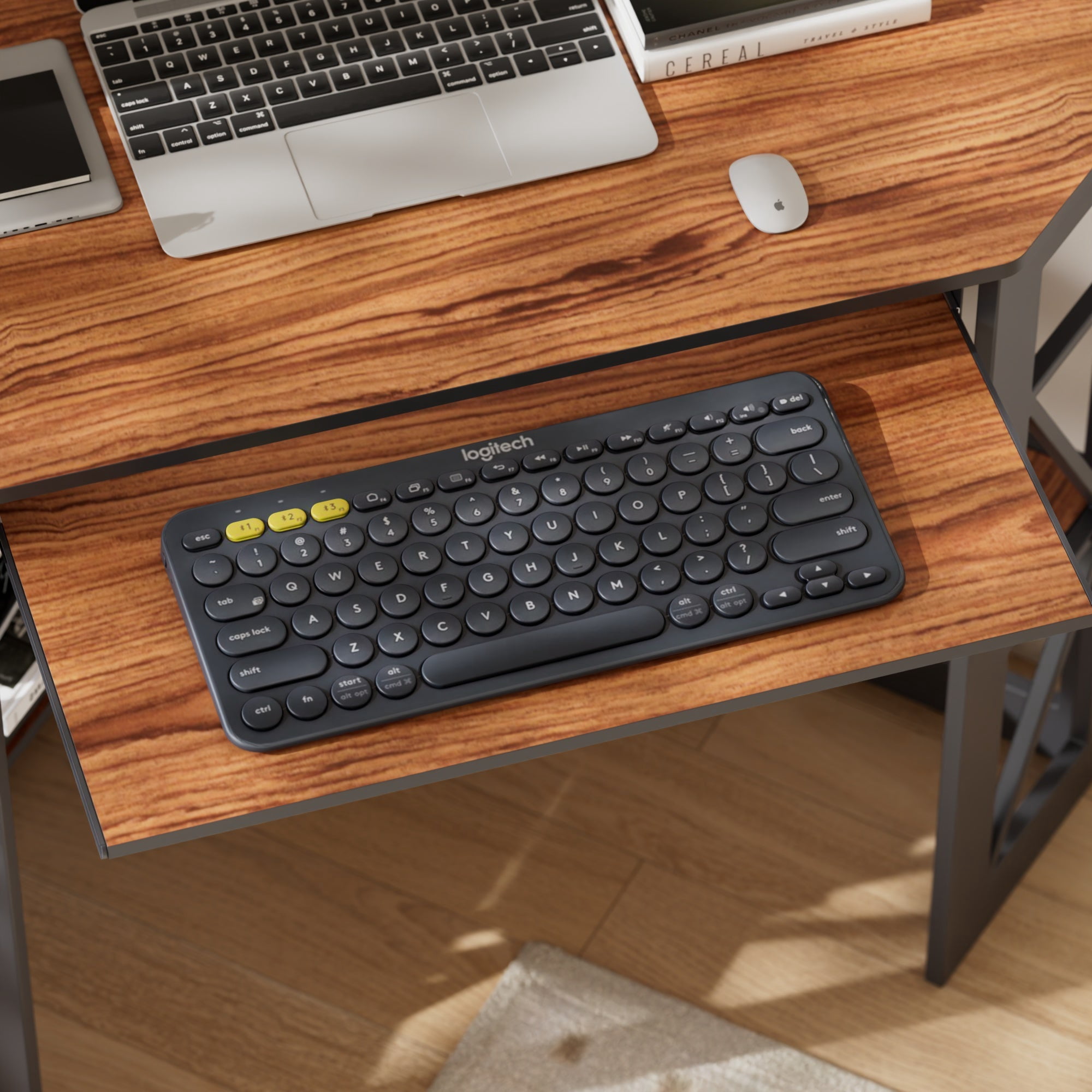 VECELO Corner Computer Desk with Keyboard Tray and Storage Shelf, Student Study Writting Table Workstation for College Dorm Apartment Home Office, Brown (90 Degrees)