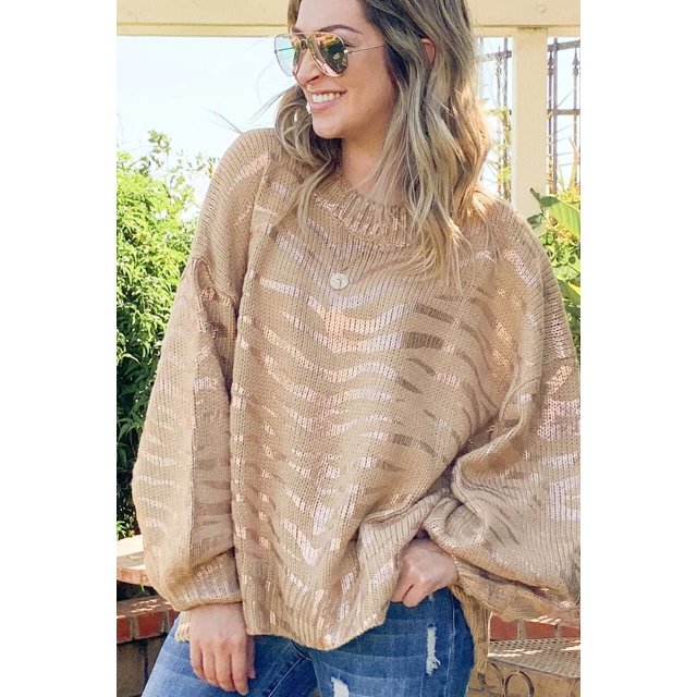Suéter de manga larga con estampado de tigre dorado y mangas abullonadas suelto para mujer de otoño e invierno
