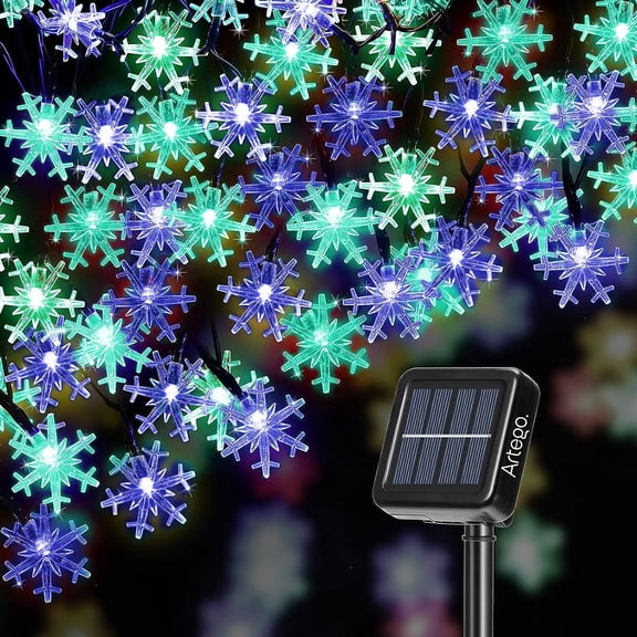 Luces de navidad solares 100 led esferas bola cristal copo de nieve snowflake style Artego  8 modos de uso para exteriores Guirnalda de luces Copo de Nieve Azul Verde