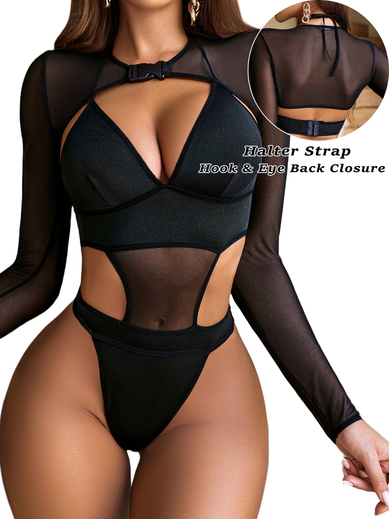 Avidlove Women Sexy Lingerie Bodysuite with Buckle Shrug Crop Top Set Black Rave Festival Outfits